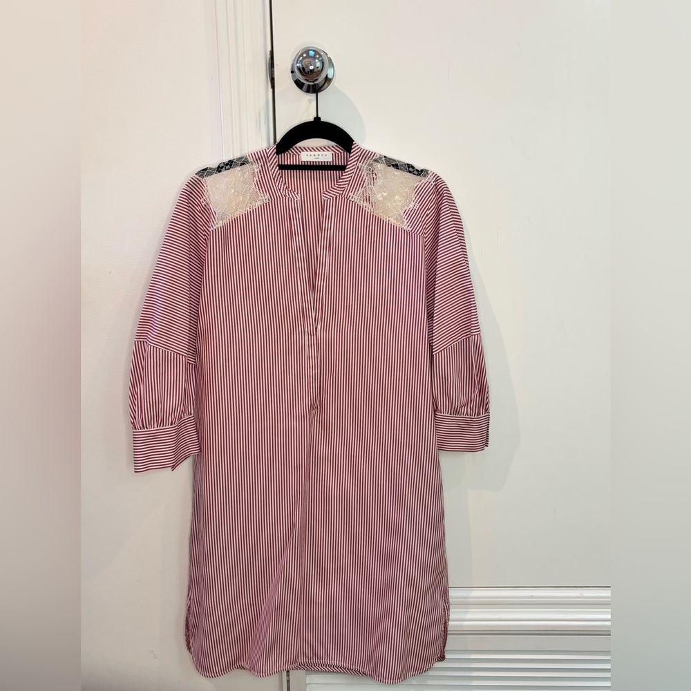 Sandro Red and White Striped Shirtdress with Lace Accents